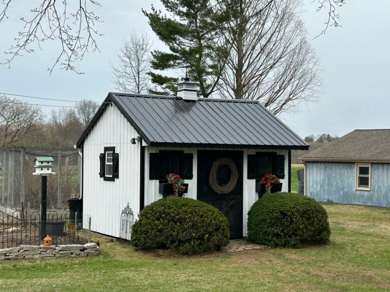 white shed with a newly installed black metal roof